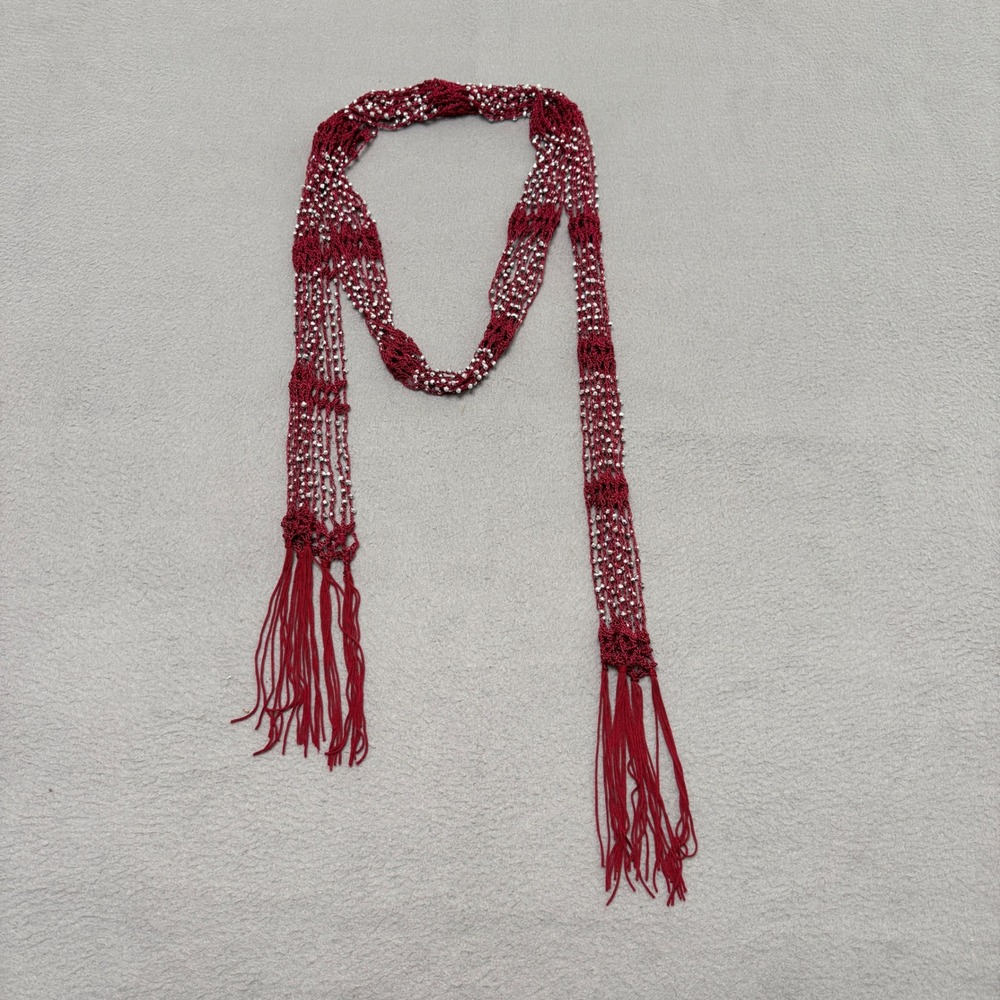 Skinny Scarf Women Red Beaded Crochet Fringe Tassel Y2K Boho 90s Festival Belt